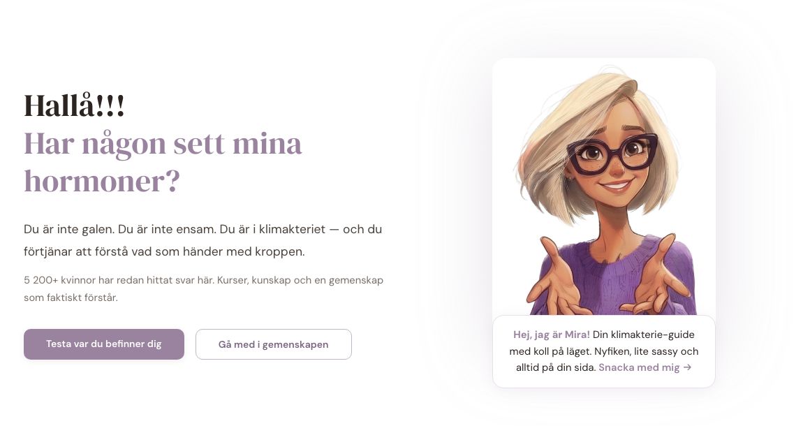 Klimakterieklubbens startsida med AI-guiden Mira.