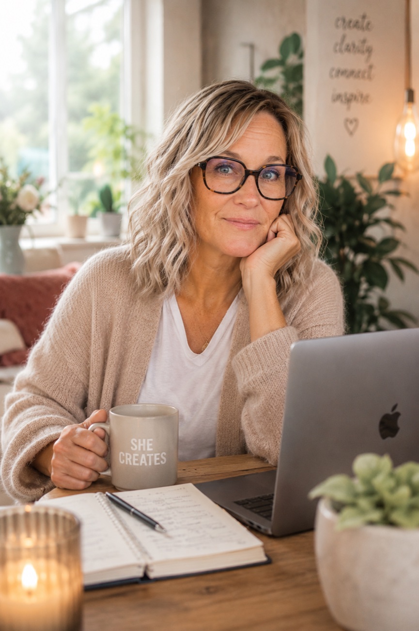 Jenniefer Kindstrand vid arbetsbordet med laptop och anteckningsblock.
